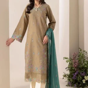 RajBari Exclusive Edition – Olive Green & Cream Embroidered Lawn Suit (3 Piece)