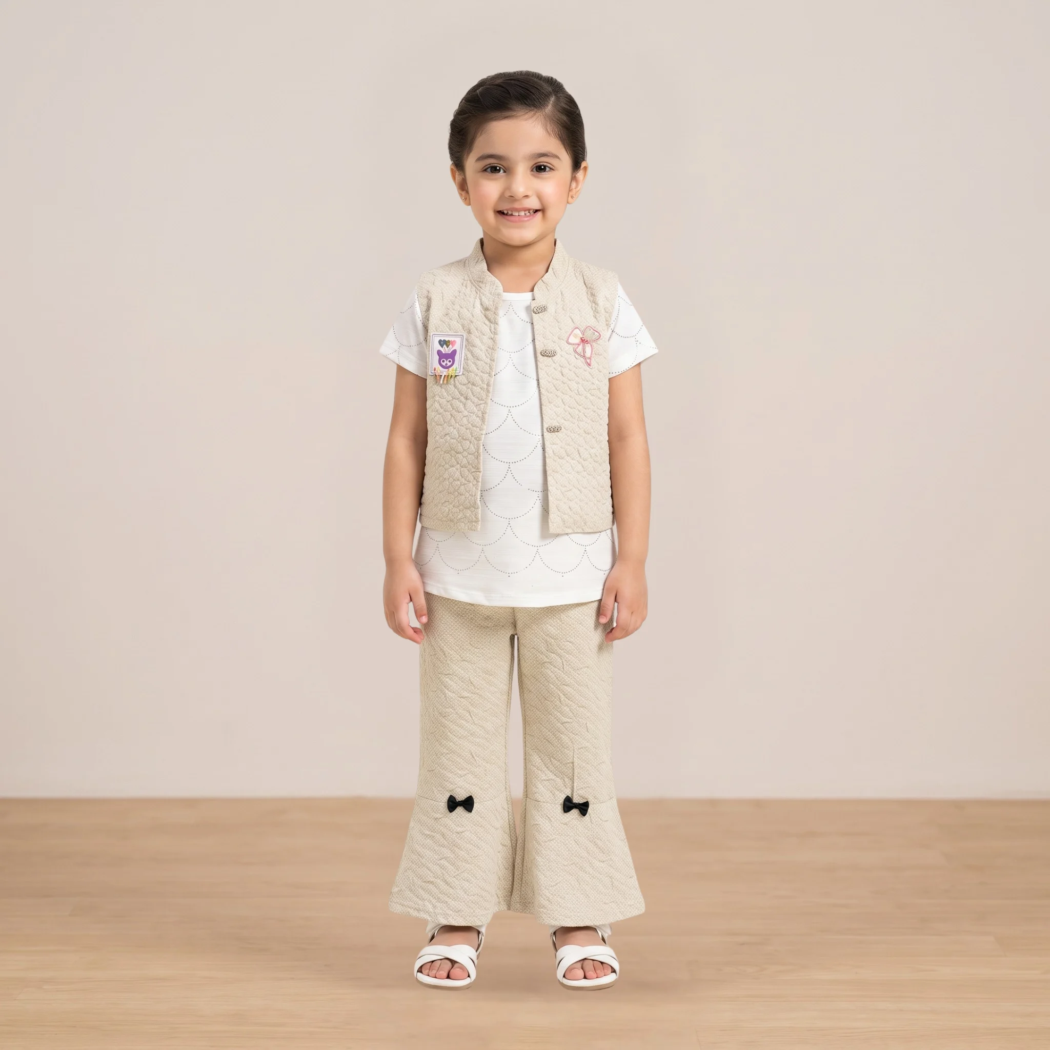 1 (2)Girls Beige Quilted 3-Piece Outfit Girls Beige Quilted 3-Piece Outfit
