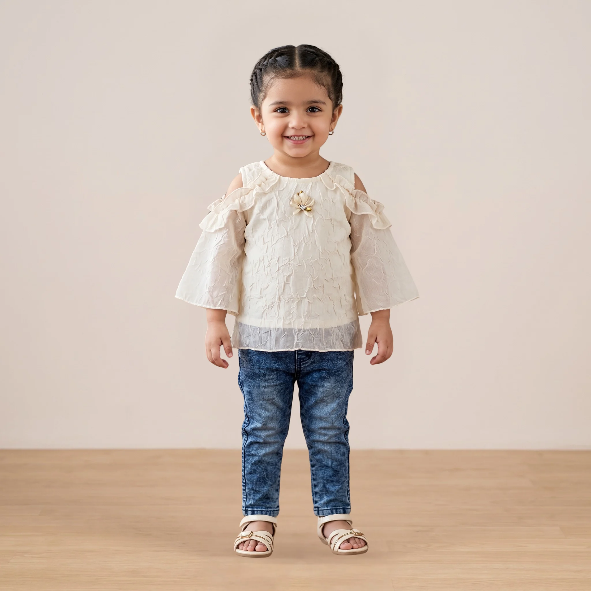 Girls Cream Flutter Top & Jeans Set Girls Cream Flutter Top & Jeans Set