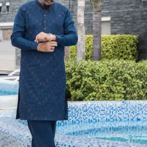 Embroidered deep blue men's kurta shalwar