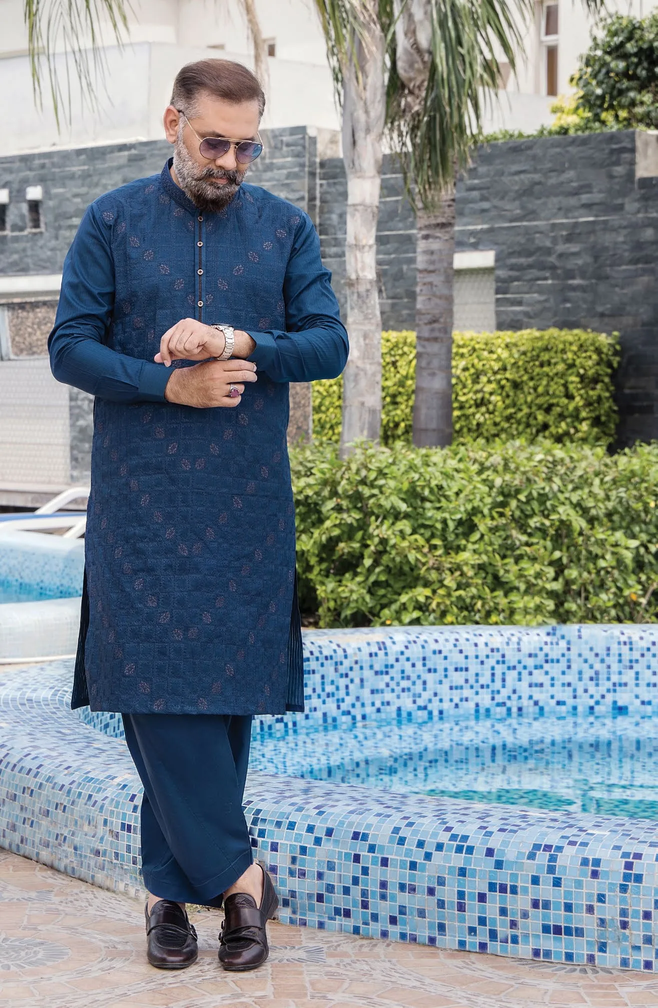 Embroidered deep blue men's kurta shalwar Embroidered deep blue men's kurta shalwar