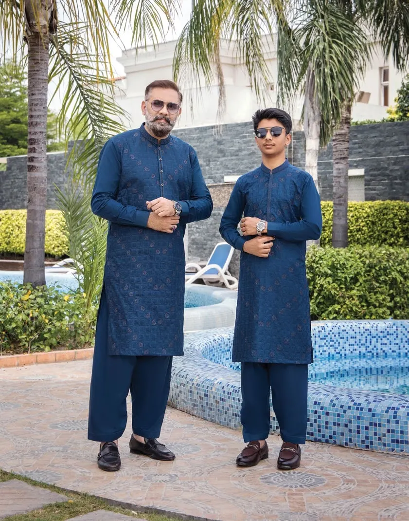 Embroidered deep blue men's kurta shalwar Embroidered deep blue men's kurta shalwar