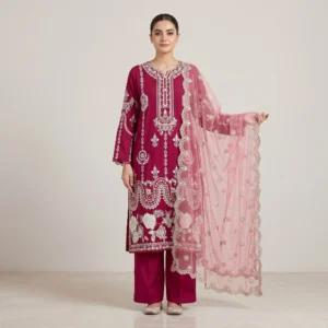 3-Piece Magenta Embroidered Suit