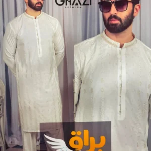 Embroidered men's off-white kurta shalwar