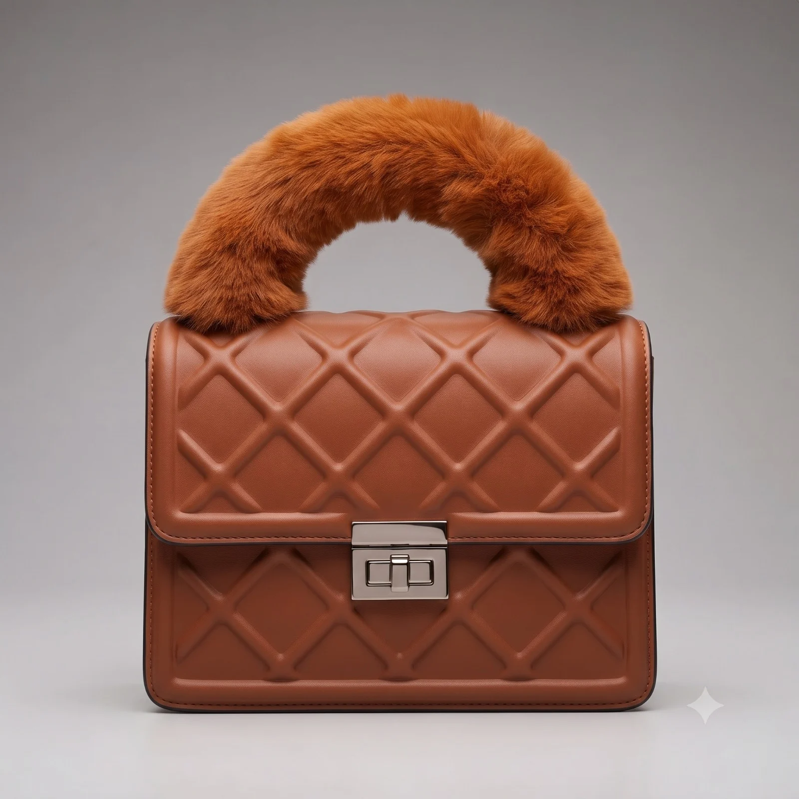 Quilted Brown Handbag with Fur Handle Quilted Brown Handbag with Fur Handle