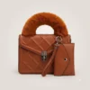 Quilted Brown Handbag with Fur Handle Quilted Brown Handbag with Fur Handle
