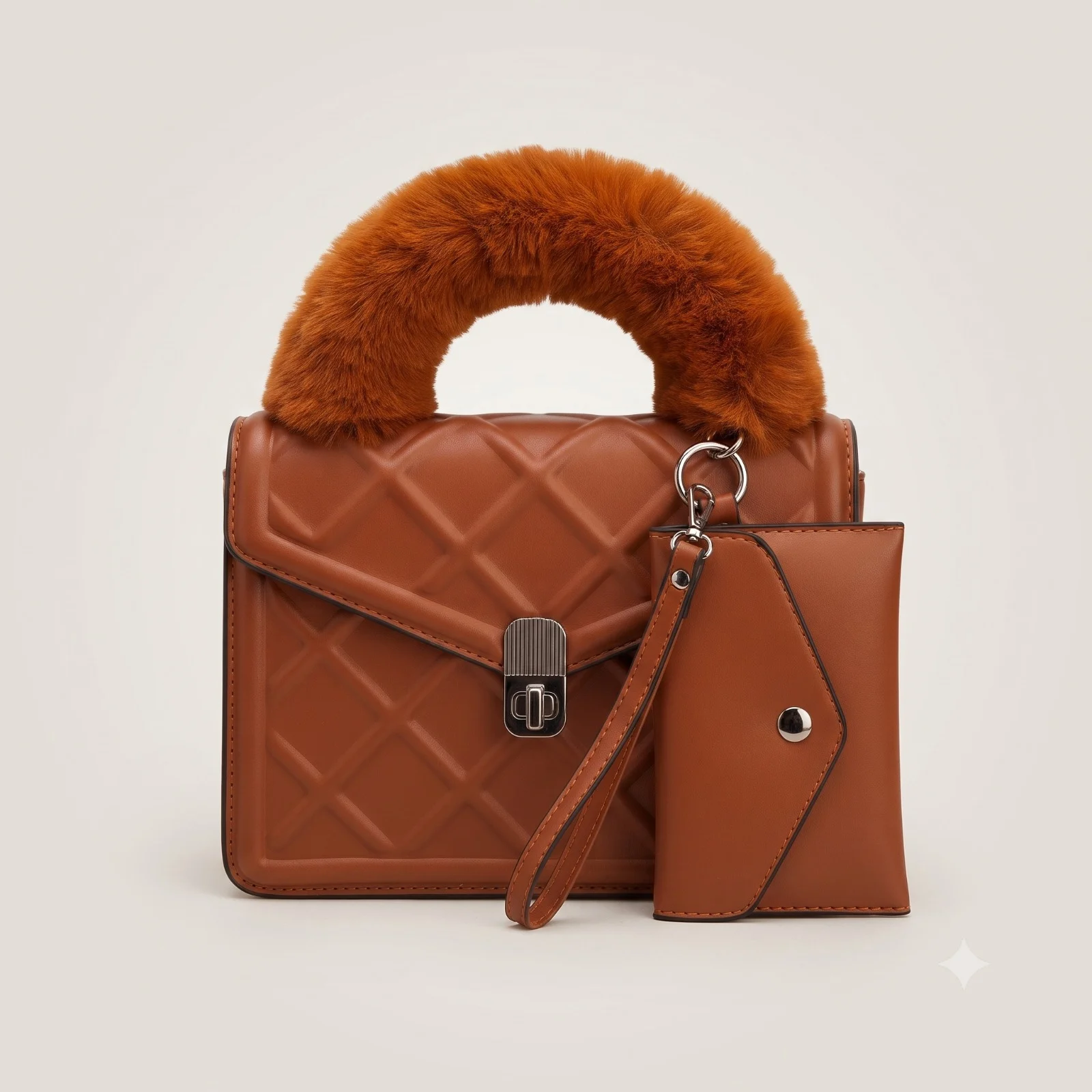 Quilted Brown Handbag with Fur Handle Quilted Brown Handbag with Fur Handle