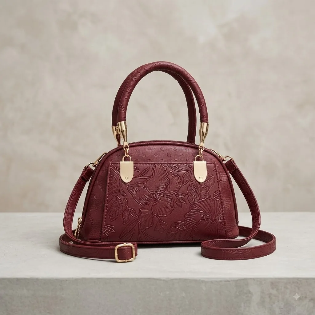 Elegant Maroon Floral Embossed Handbag