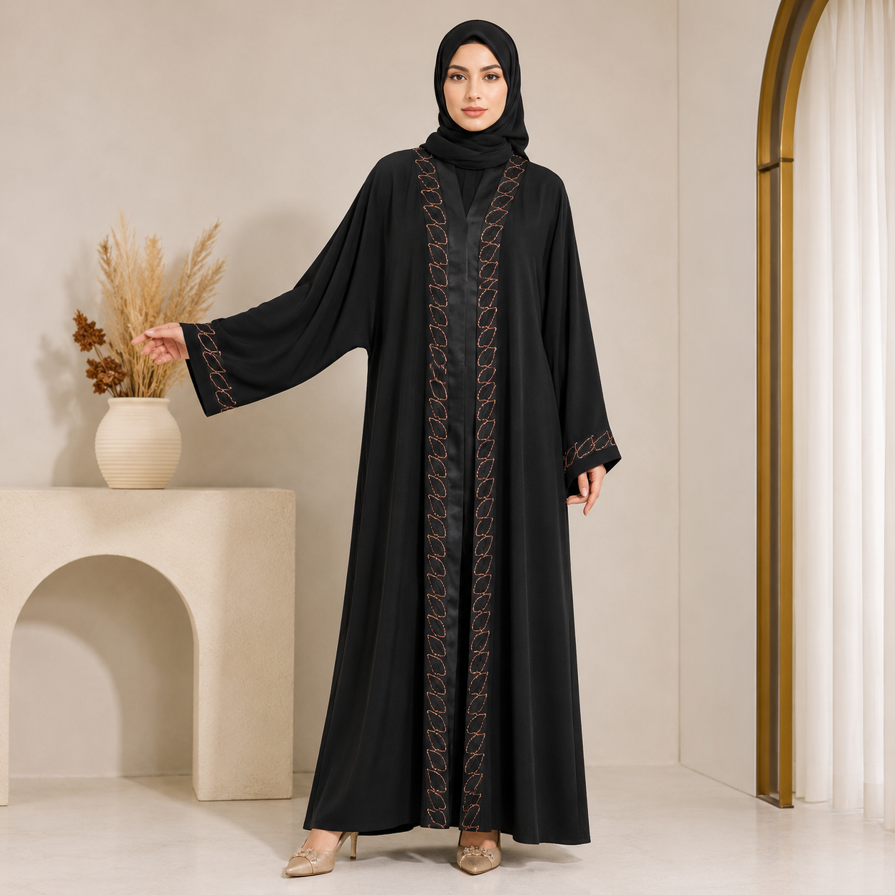 Elegant Black Copper Embroidered Abaya