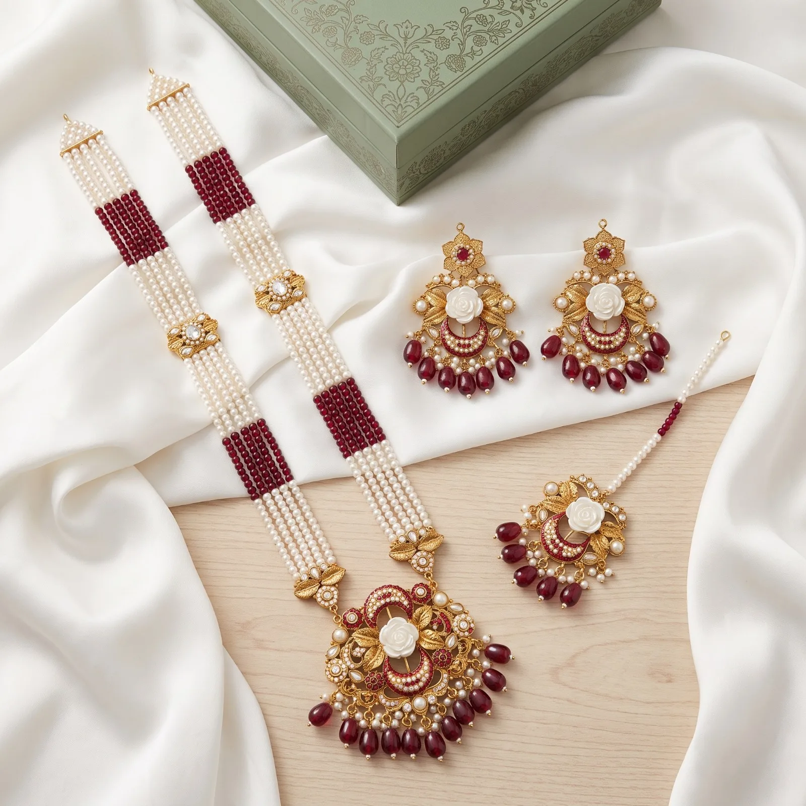 Maroon Rose Motif Pearl Bridal Mala Set