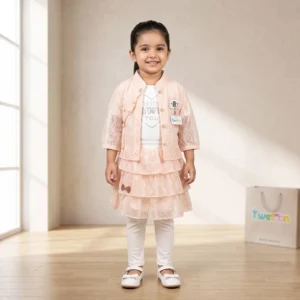Girls Peach Lace Jacket and Ruffle Skirt 4-Piece Set