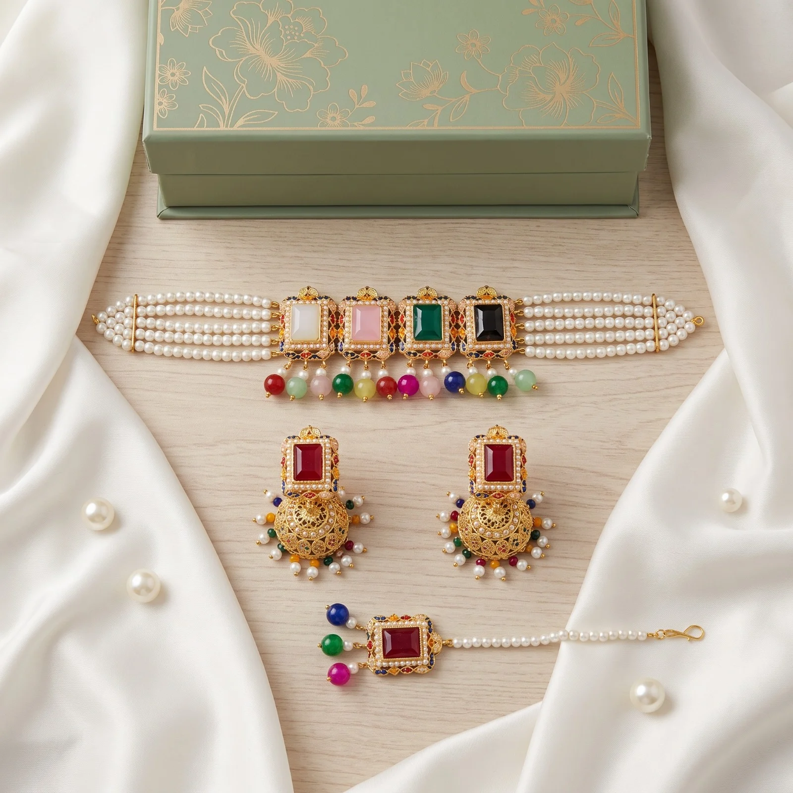 Multicolor Stone Pearl Choker Set
