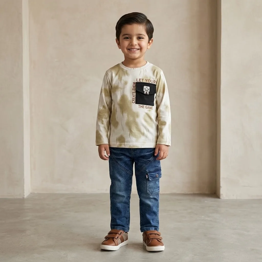 Boys Beige Tie-Dye Shirt and Cargo Jeans Set