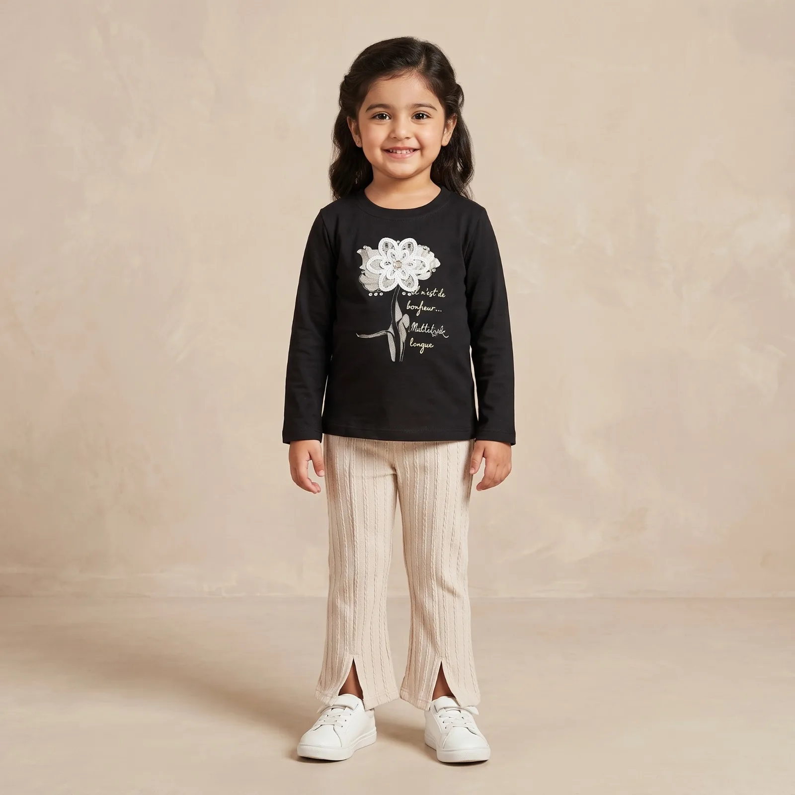 Girls Black Floral Applique Outfit