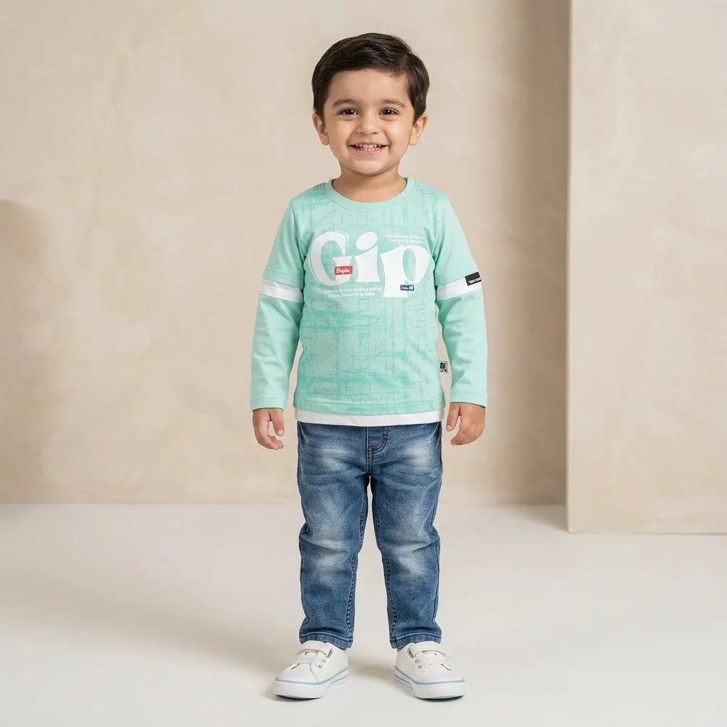 Boys Mint Green Graphic Shirt Jeans Set
