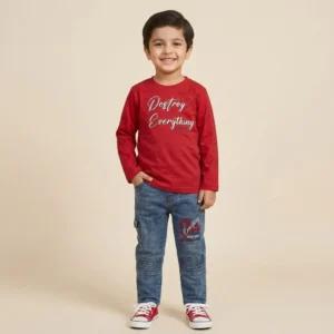 Boys red graphic denim set