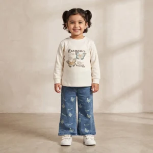 Girls Cream Butterfly Top Wide Leg Jeans Set
