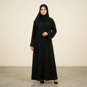 Black Beaded Leaf Embroidered Abaya