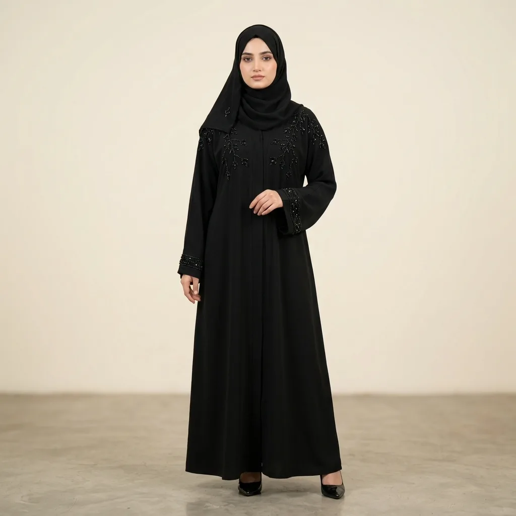 Black Beaded Leaf Embroidered Abaya