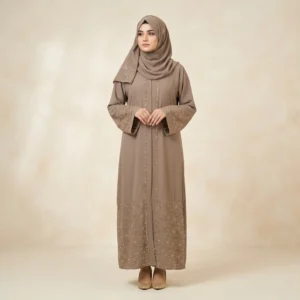 Taupe Rhinestone Embellished Abaya