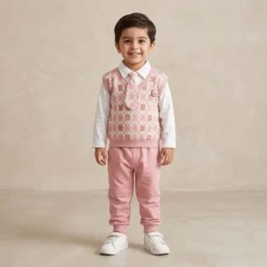 Kids Pink Bear Argyle Outfit Set