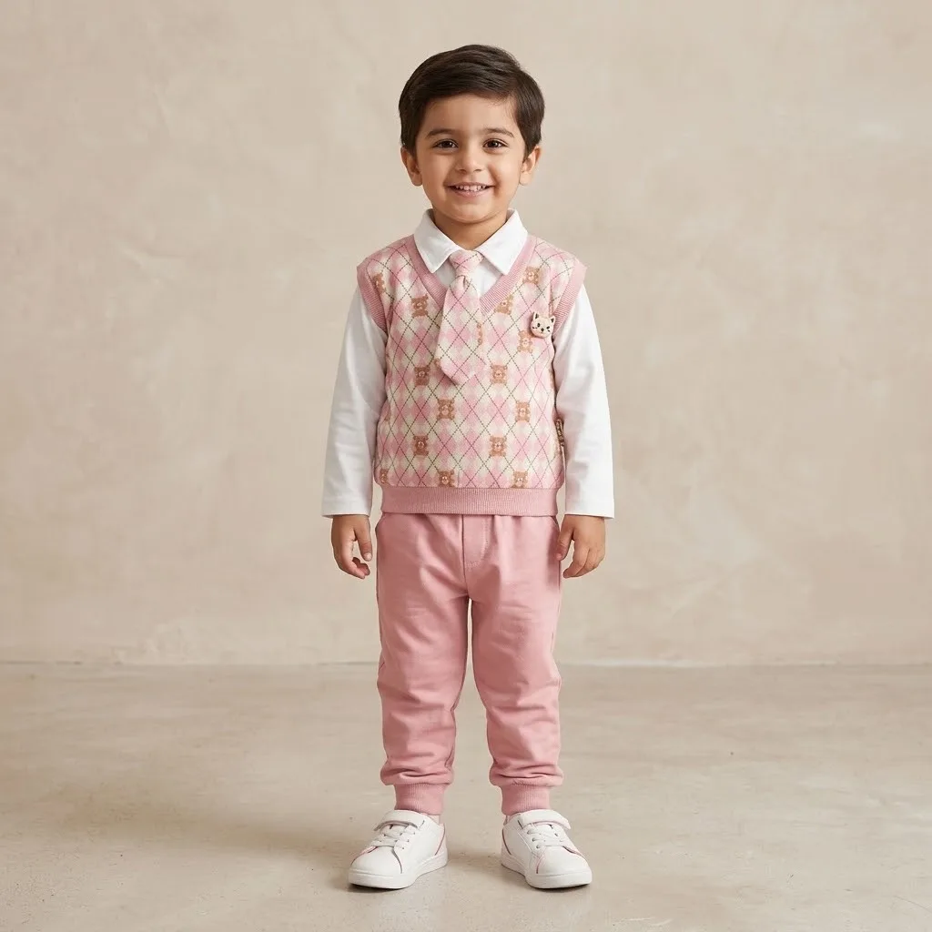 Kids Pink Bear Argyle Outfit Set Kids Pink Bear Argyle Outfit Set