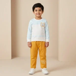 Boys Light Blue Striped Lion Graphic & Yellow Jogger Set