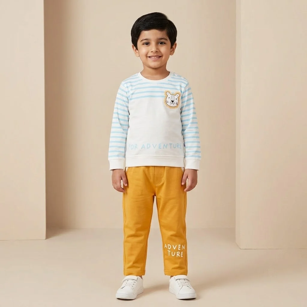 Boys Light Blue Striped Lion Graphic & Yellow Jogger Set Boys Light Blue Striped Lion Graphic & Yellow Jogger Set