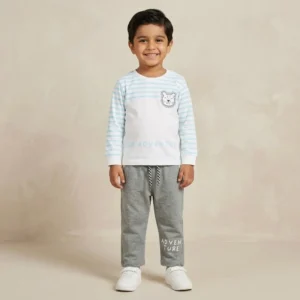 Boys Light Blue Striped Lion Graphic & Grey Jogger Set