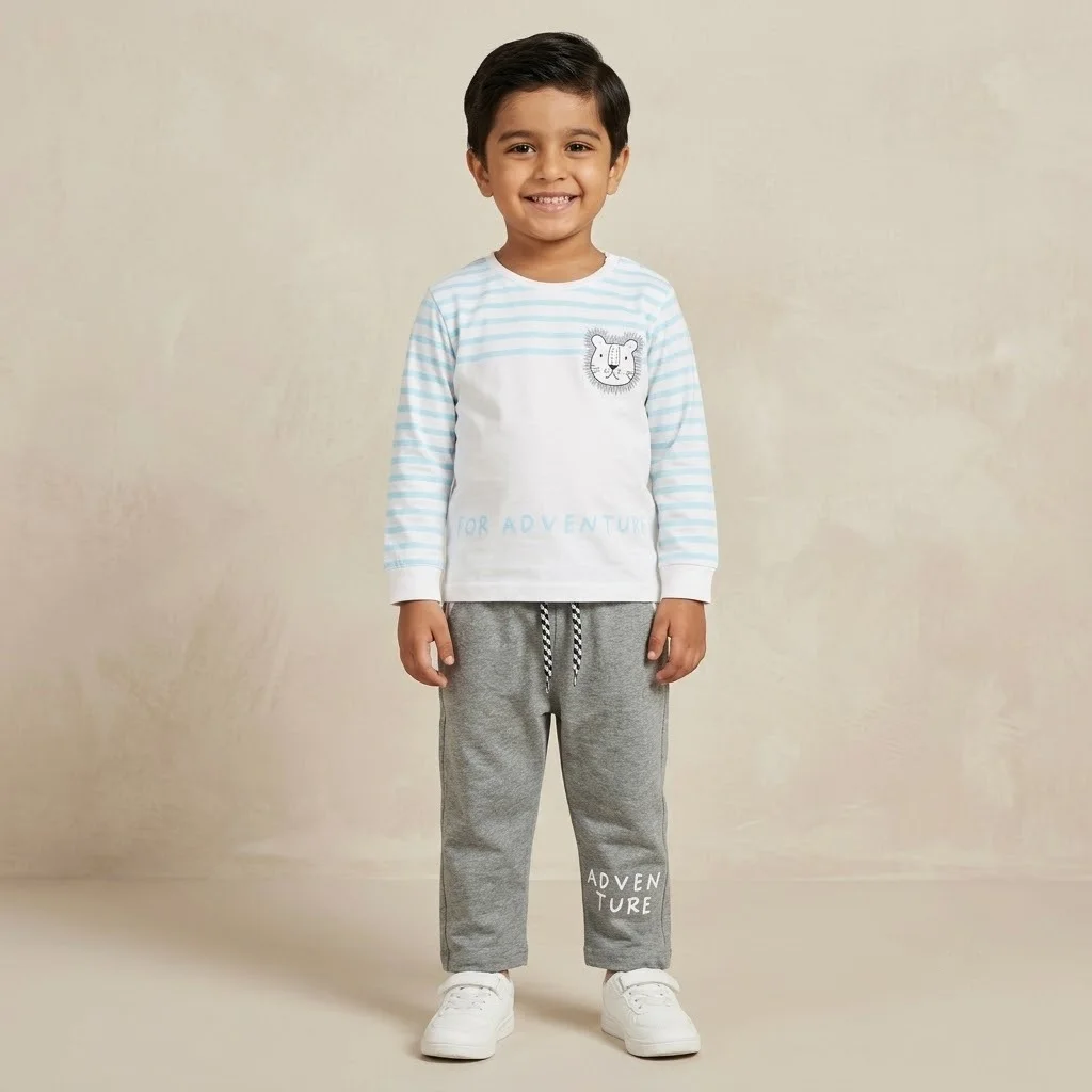 Boys Light Blue Striped Lion Graphic & Grey Jogger Set Boys Light Blue Striped Lion Graphic & Grey Jogger Set