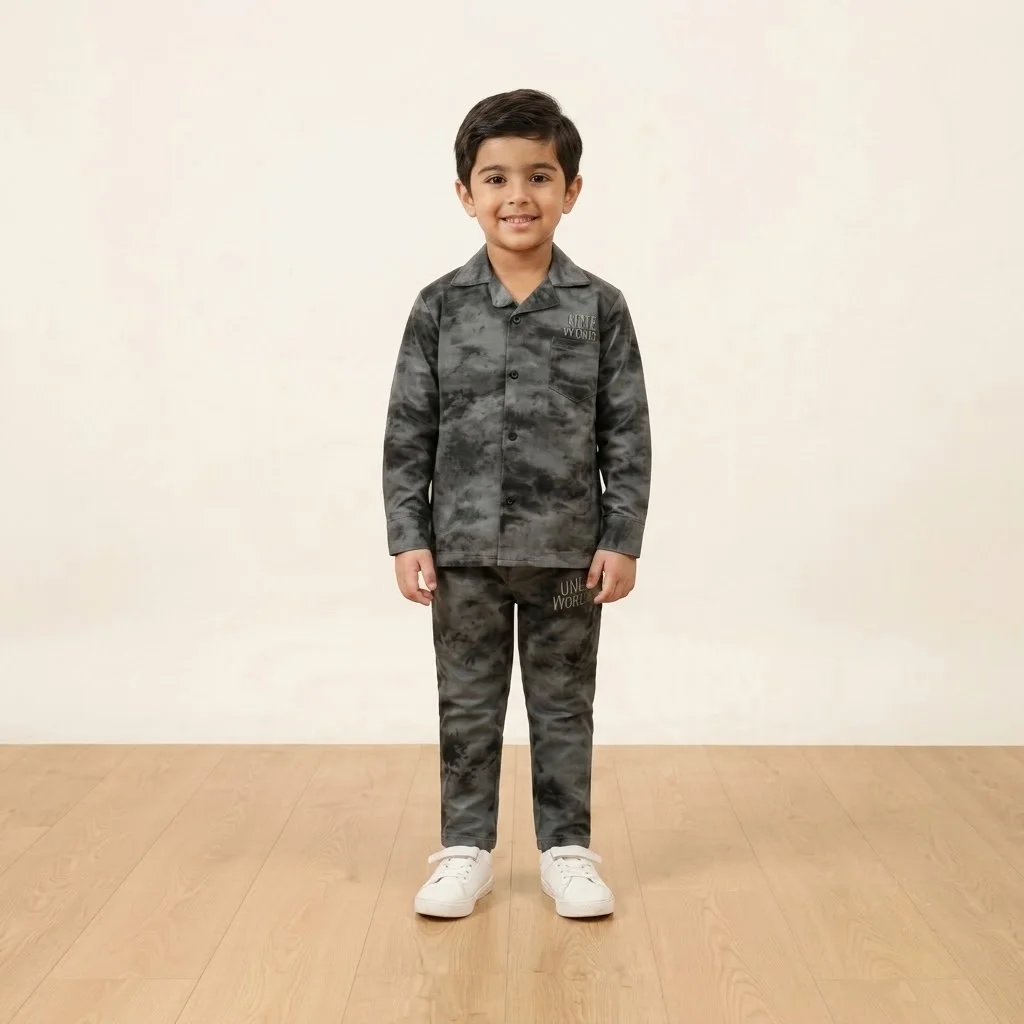Boys Grey Tie-Dye Collar Shirt & Pant Set