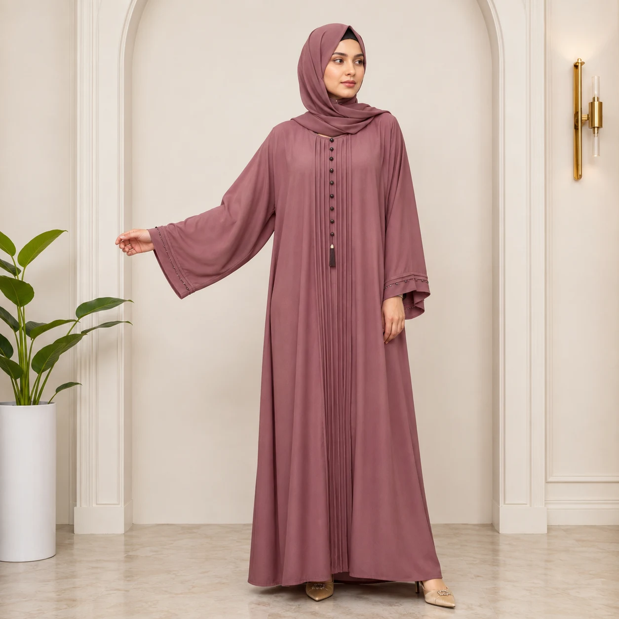 Elegant Mauve Pleated Abaya