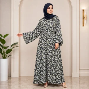 Green Abstract Print Belted Abaya