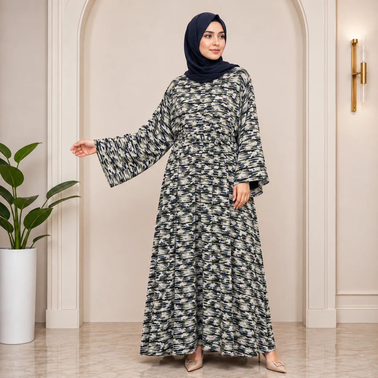 Green Abstract Print Belted Abaya Green Abstract Print Belted Abaya
