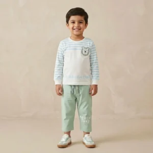 Boys Light Blue Striped Lion Graphic & Mint Jogger Set
