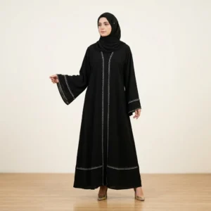 Black Minimalist Crystal Border Abaya