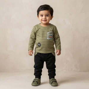 Boys Olive Striped Shirt and Jogger Set