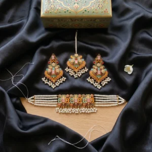 Pink Stone Meenakari Pearl Choker Set