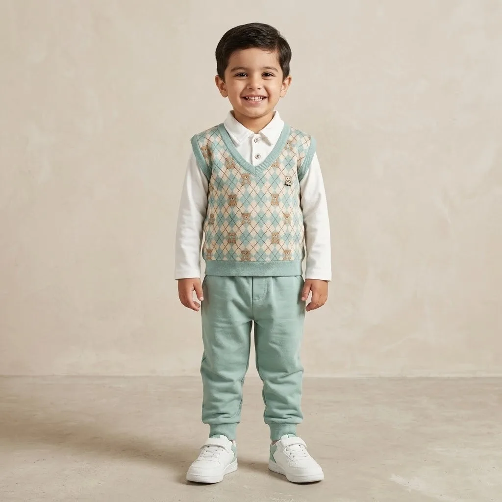 Boys Mint Teddy Argyle Sweater Set