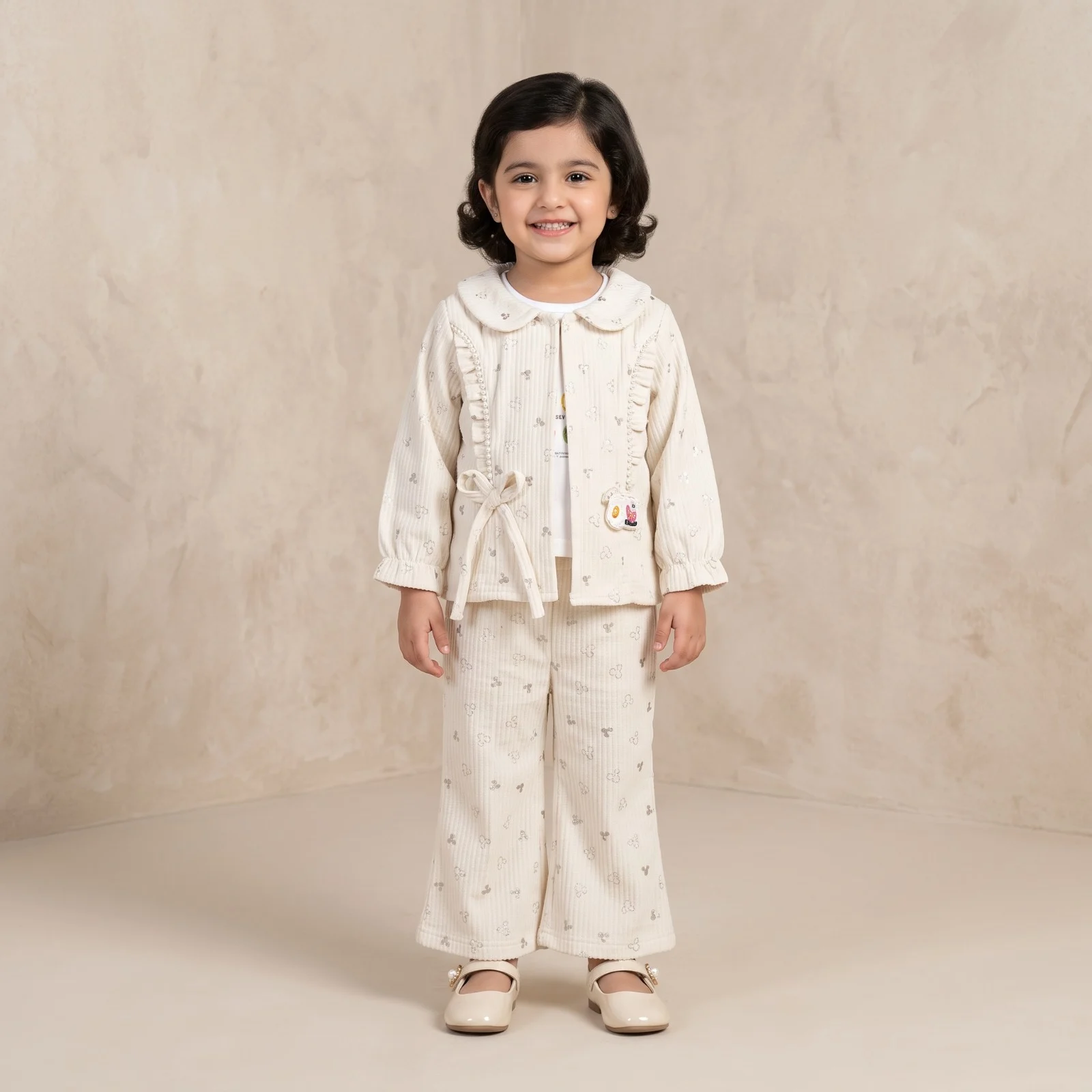 Girls Off-White Ruffle Cardigan Set