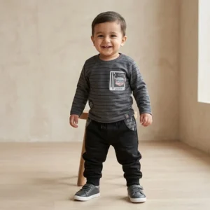Boys Dark Grey Striped Shirt and Jogger Set