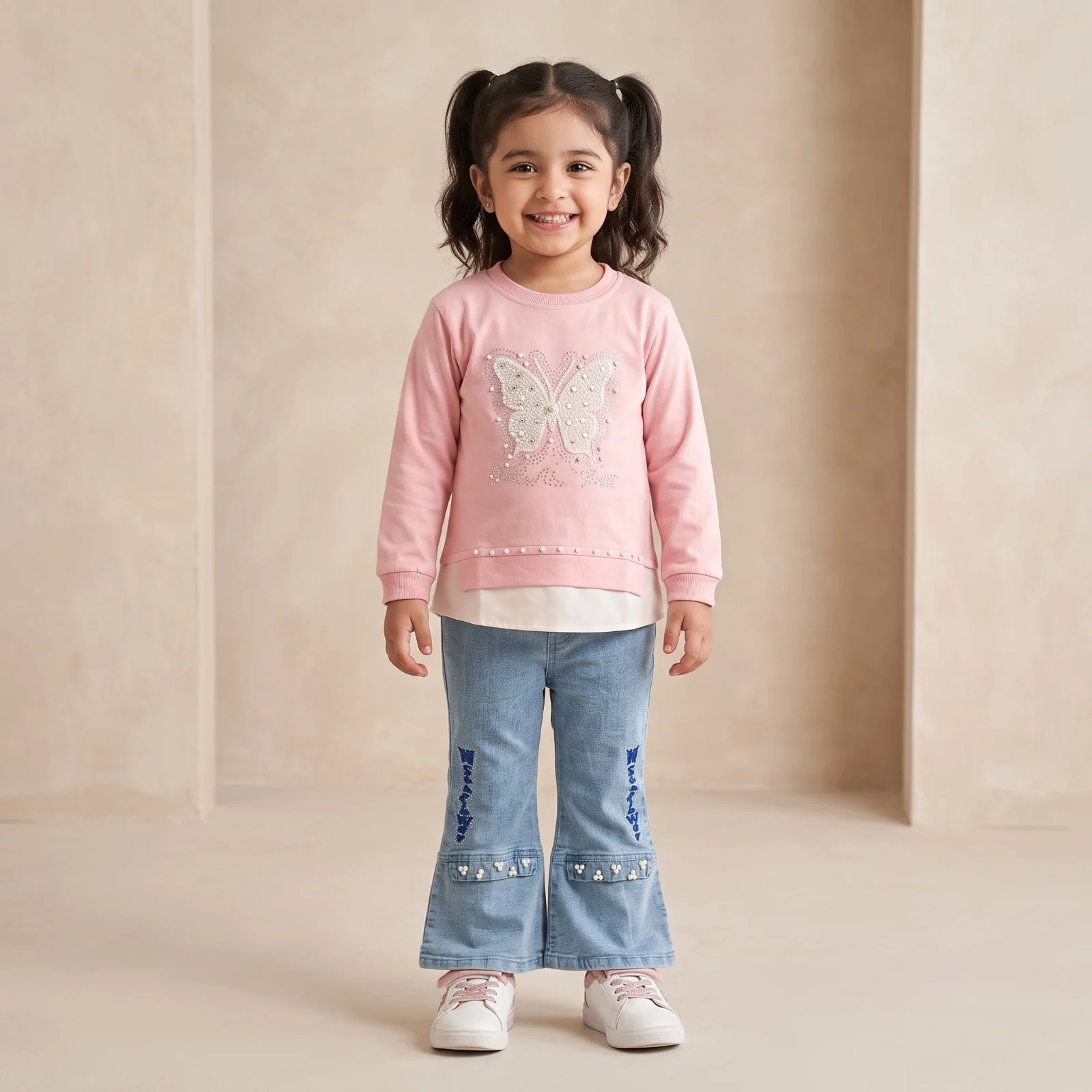 Girls Pink Butterfly Sweater Jeans Set