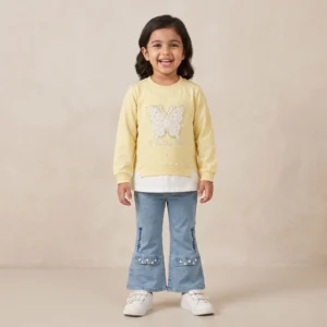 Girls Yellow Butterfly Sweater Jeans Set