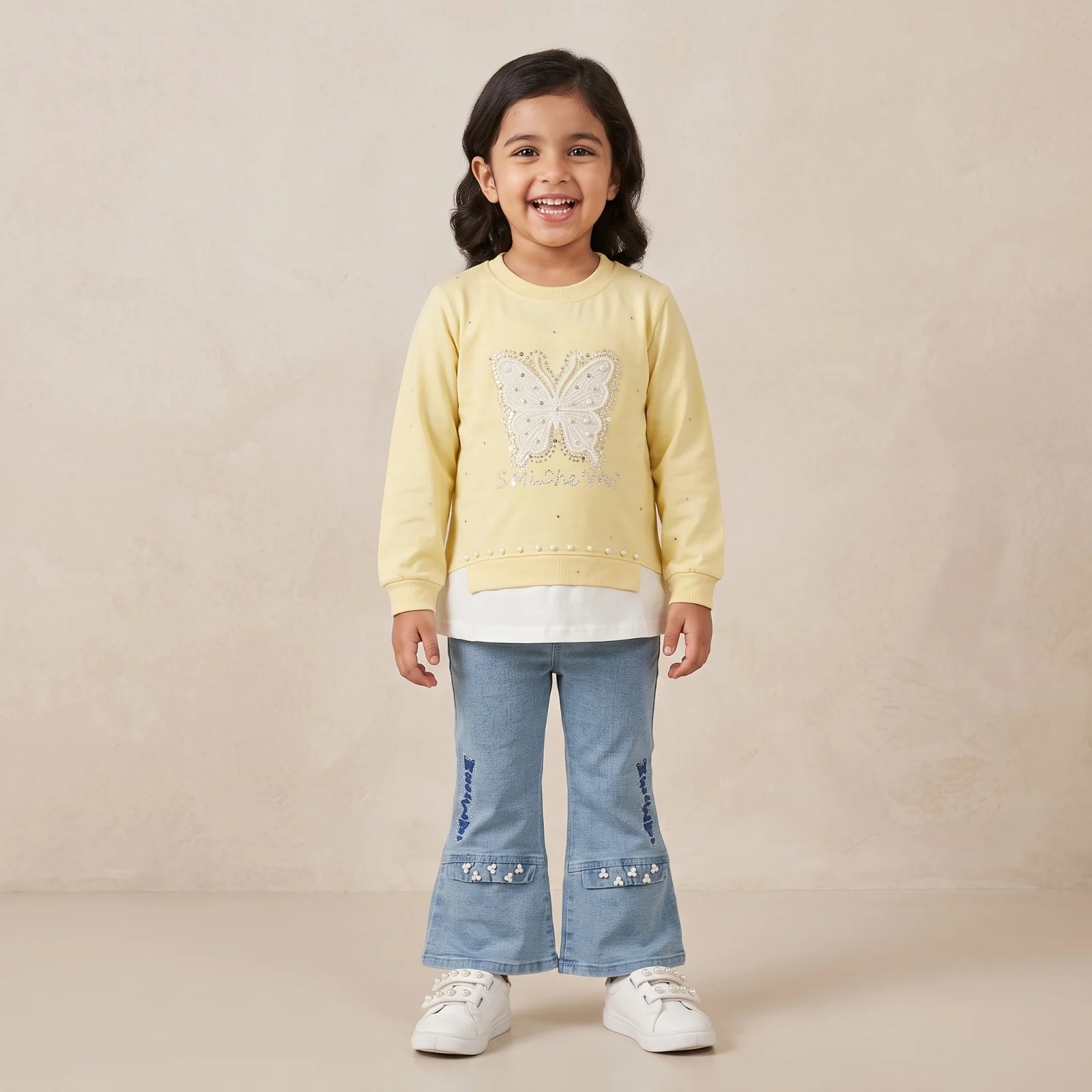 Girls Yellow Butterfly Sweater Jeans Set