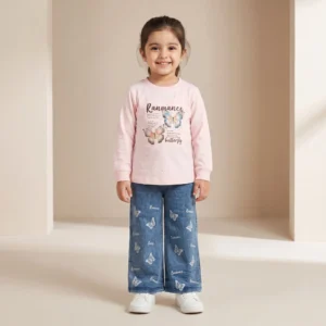 Girls Pink Butterfly Top Wide Leg Jeans Set