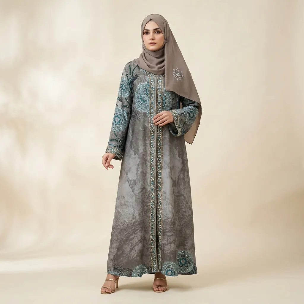 Printed Grey & Blue Ladies Abaya
