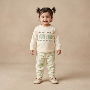 Girls Cream Green Floral Sweatshirt Set