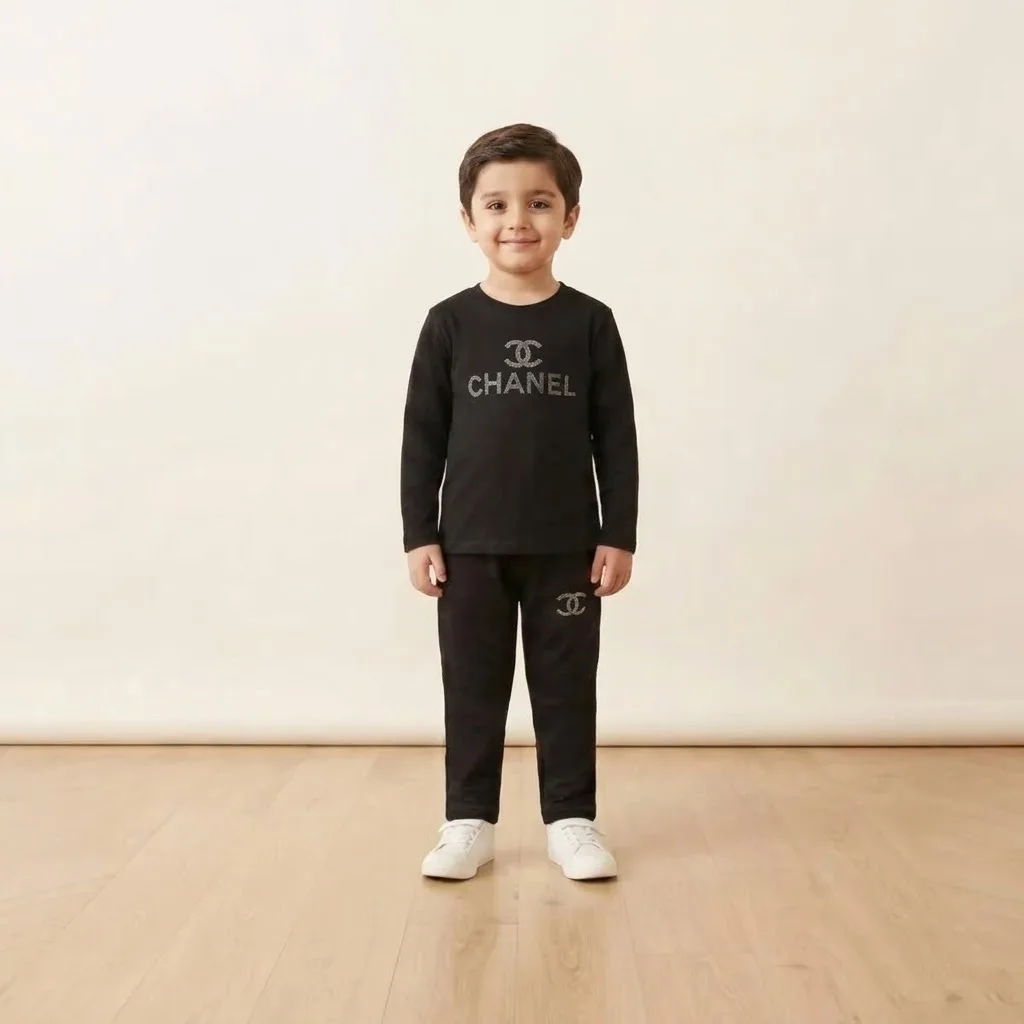 Boys Black Chanel Rhinestone Tracksuit Set