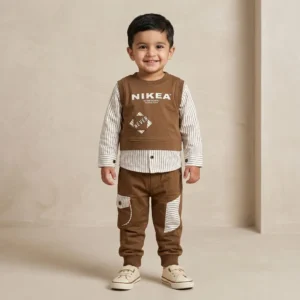 Boys Brown Layered Vest Shirt and Jogger Set
