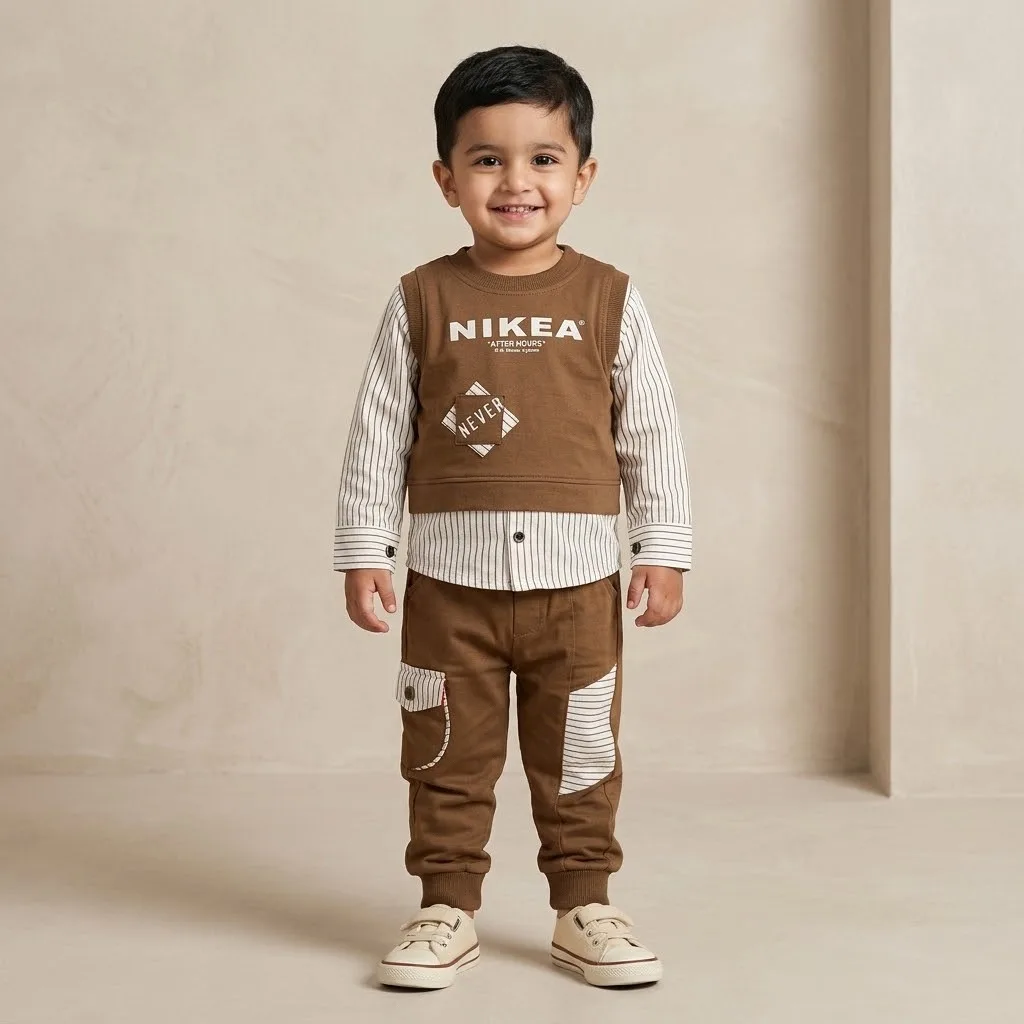 Boys Brown Layered Vest Shirt and Jogger Set